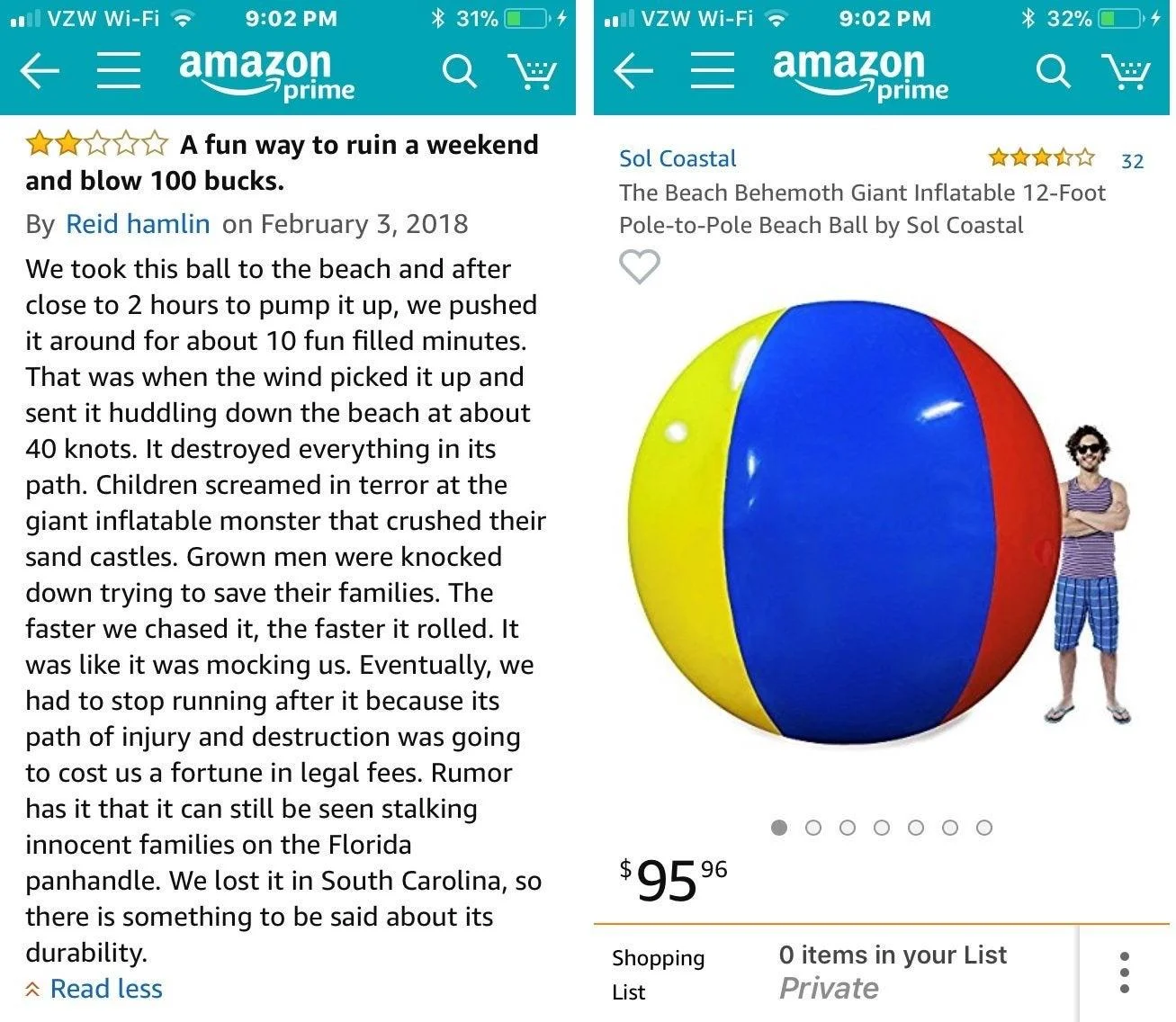 Screenshot of an amazon listing for a giant inflatable beach ball. Review describes how the balls size and wind caused chaos at the beach. The ball is multicolored, priced at $95. 96, and has humorous customer comments.
