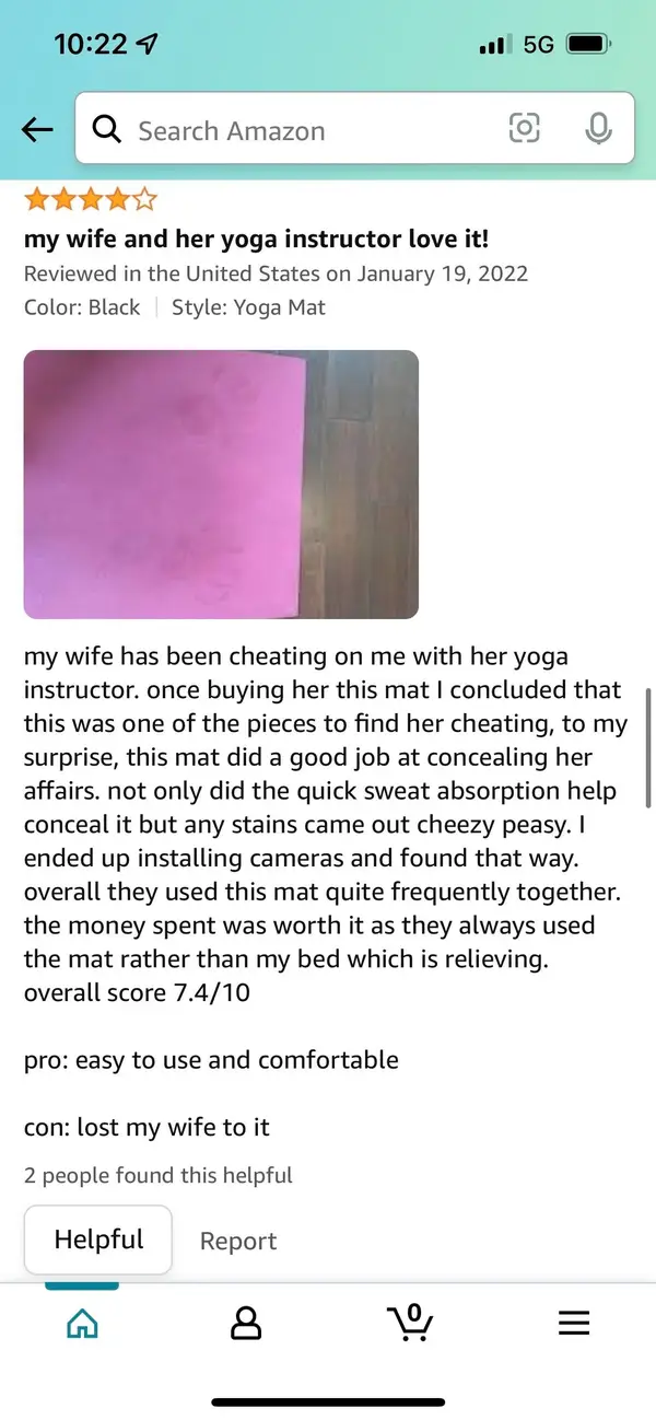 A humorous amazon review for a yoga mat, where the reviewer jokes about catching their wife cheating with her yoga instructor. The review praises the mats comfort and ease of cleaning, and lists pros and cons.
