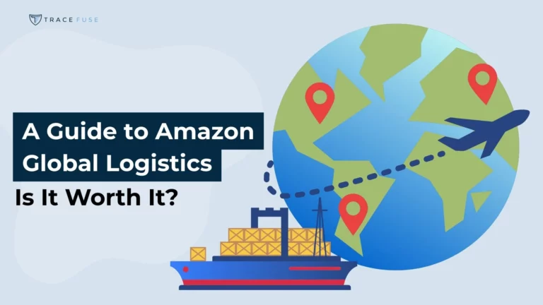 A graphic showing a cargo ship with containers and a globe marked with red location pins. An airplane flies around the globe. The text reads: a guide to amazon global logistics. Is it worth it?.