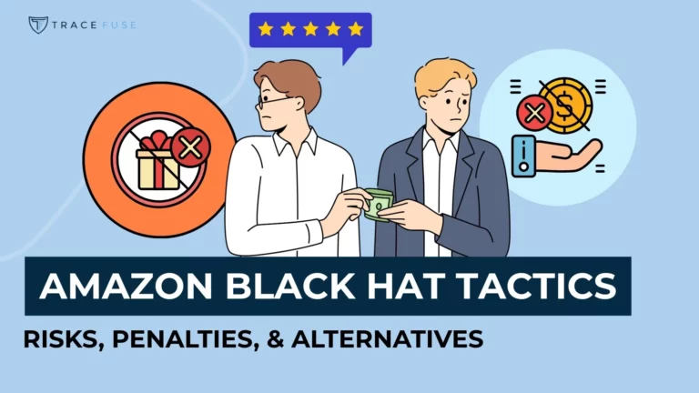 Two illustrated men exchange money, surrounded by icons showing prohibited activities, such as fake reviews and banned gifts. Text reads: amazon black hat tactics: risks, penalties, & alternatives.