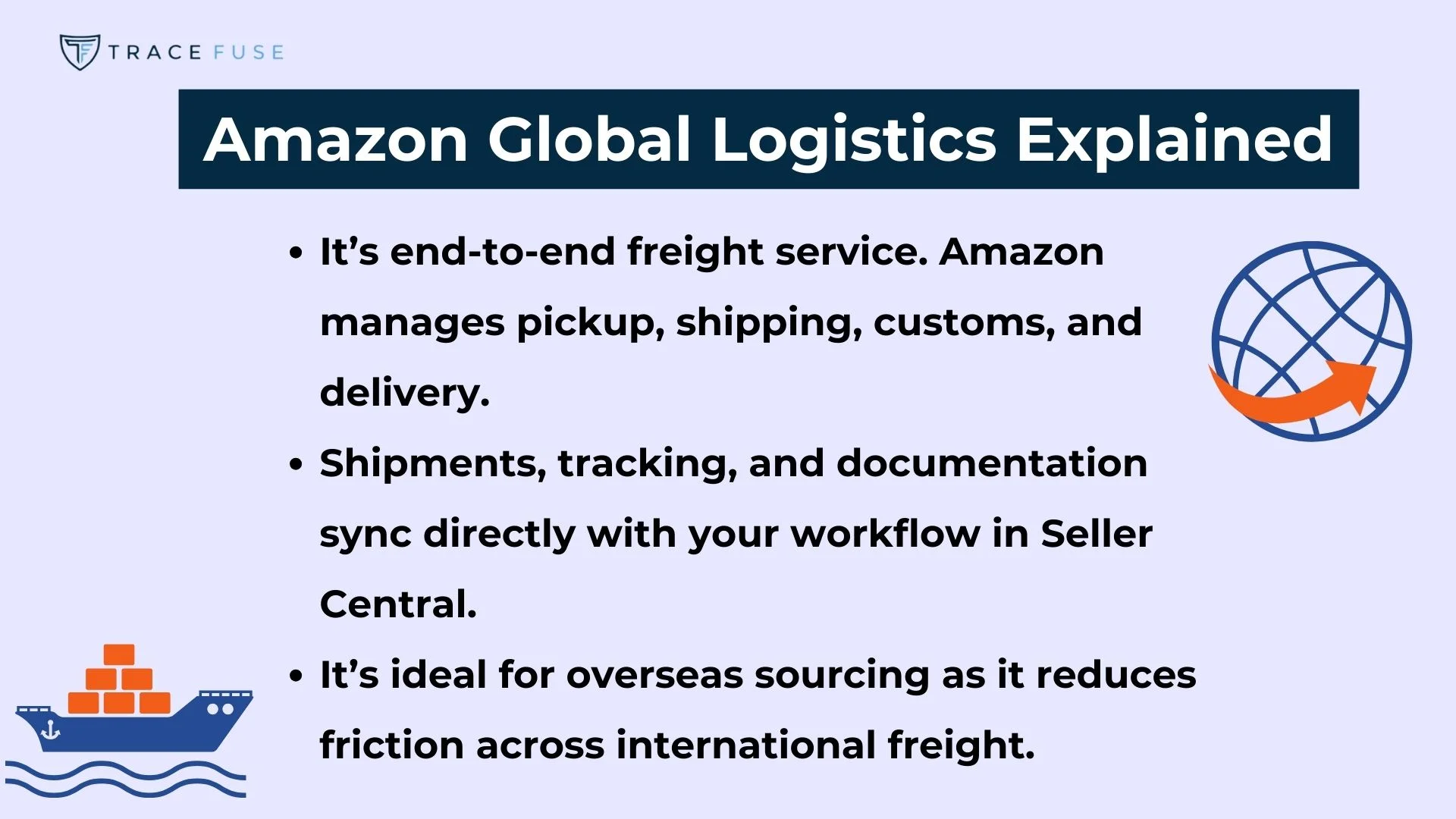 A graphic titled “amazon global logistics explained” lists three benefits of the service alongside icons of a globe and a cargo ship, emphasizing freight management, workflow integration, and ease of international sourcing.