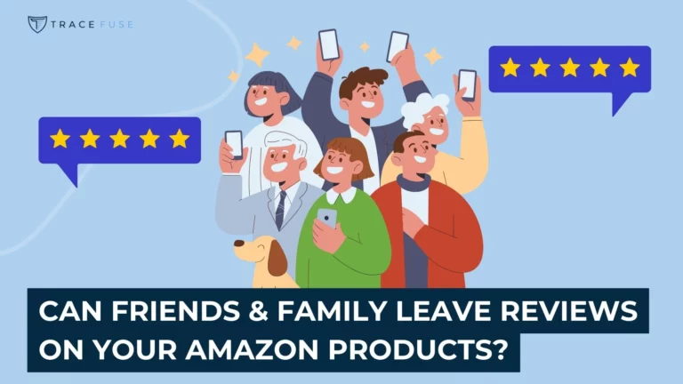 Illustration of diverse people and a dog holding phones, with five-star review icons around them. Text reads: can friends & family leave reviews on your amazon products?.