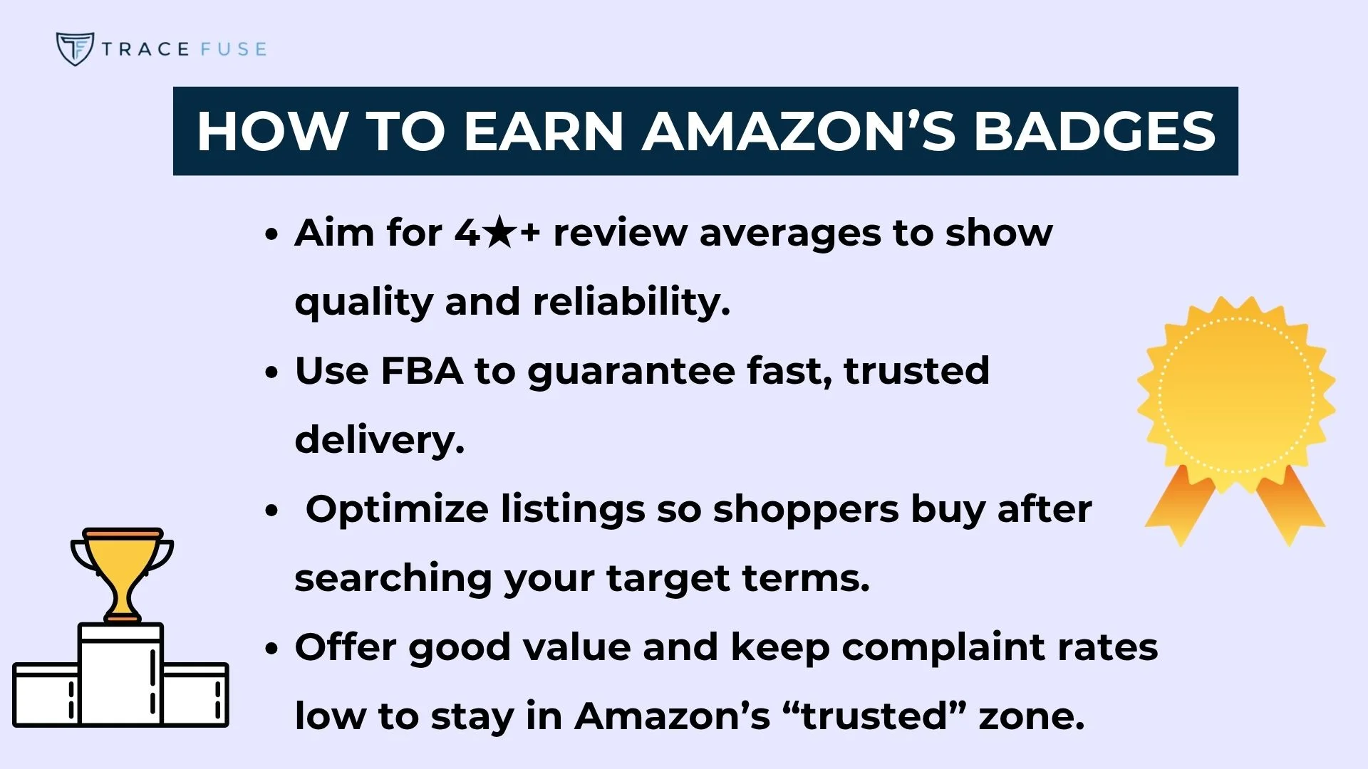 A graphic titled how to earn amazons badges lists tips: maintain 4+ star reviews, use fba for reliable delivery, optimize listings for search terms, and keep complaint rates low. Trophy and ribbon icons appear on the left.