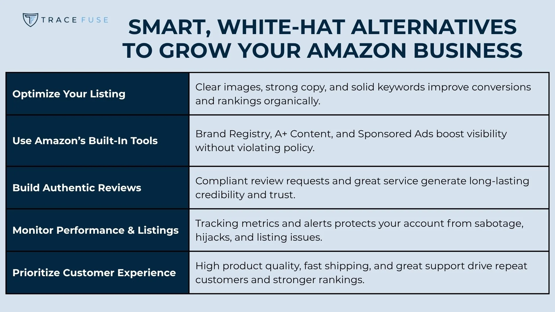 An infographic titled smart, white-hat alternatives to grow your amazon business, listing five strategies with descriptions, including optimizing listings, using amazon tools, building reviews, monitoring performance, and prioritizing customer experience.