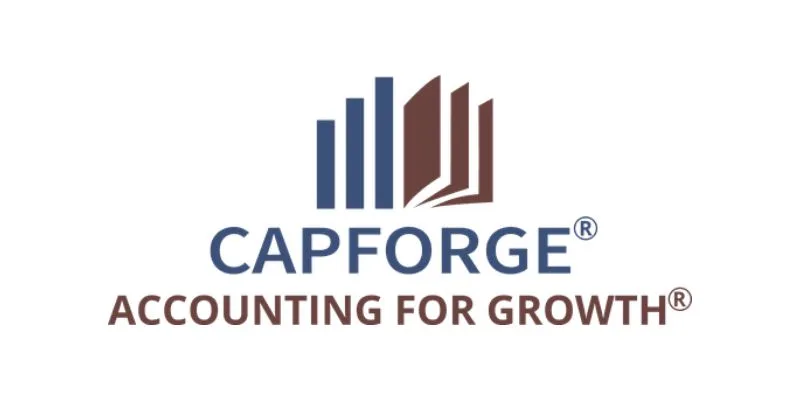 Logo for CapForge featuring stylized blue and brown vertical bars resembling a bar graph or open book, with the text CAPFORGE® ACCOUNTING FOR GROWTH® below the graphic.