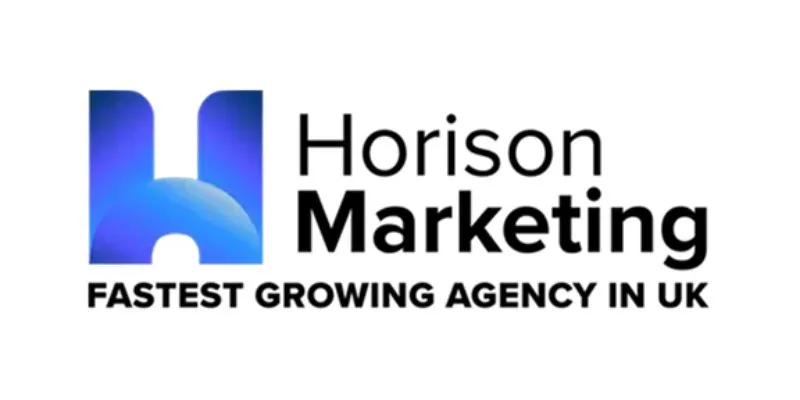Logo for Horison Marketing featuring a stylized blue H and the text Horison Marketing FASTEST GROWING AGENCY IN UK on a white background.