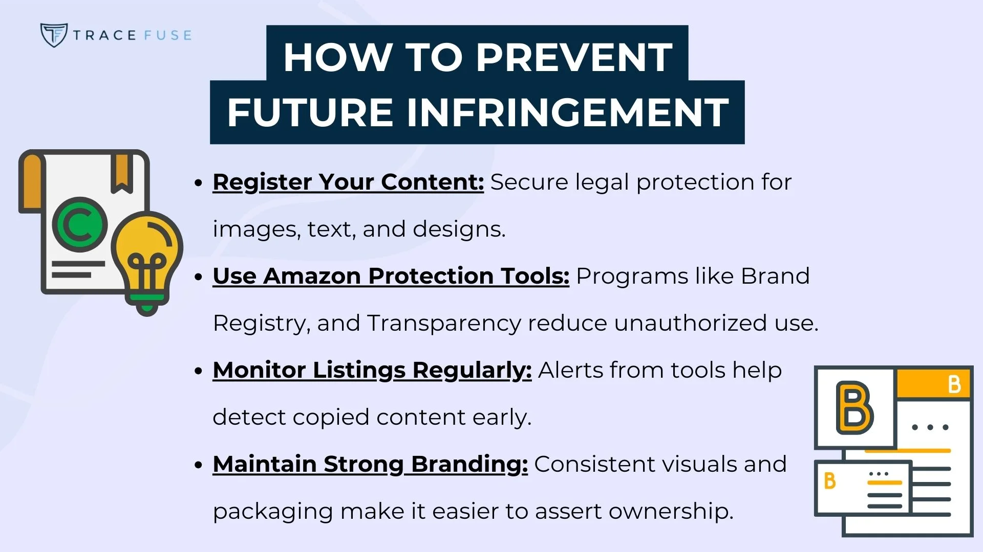 A graphic titled how to prevent future infringement lists four tips: register your content, use amazon protection tools, monitor listings regularly, and maintain strong branding, each with a brief explanation.