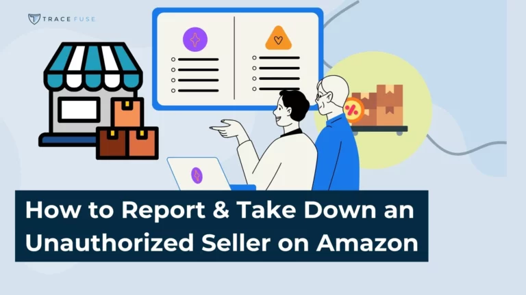 Two people look at a laptop and a screen with graphs. Boxes and a storefront are in the background. Text: how to report & take down an unauthorized seller on amazon.