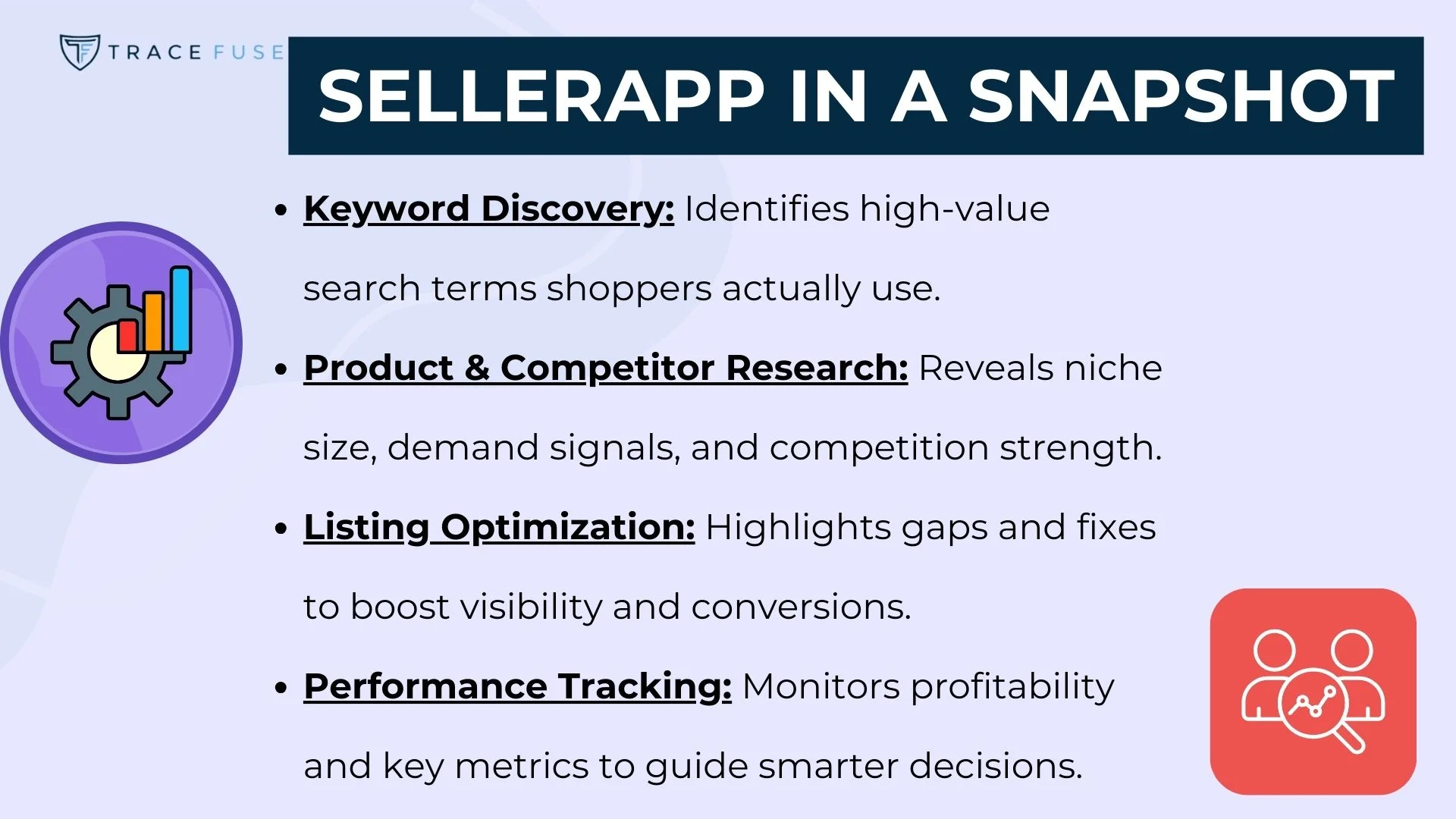 A summary graphic for sellerapp features four points: keyword discovery, product & competitor research, listing optimization, and performance tracking, each describing a key benefit, with icons and a blue background.