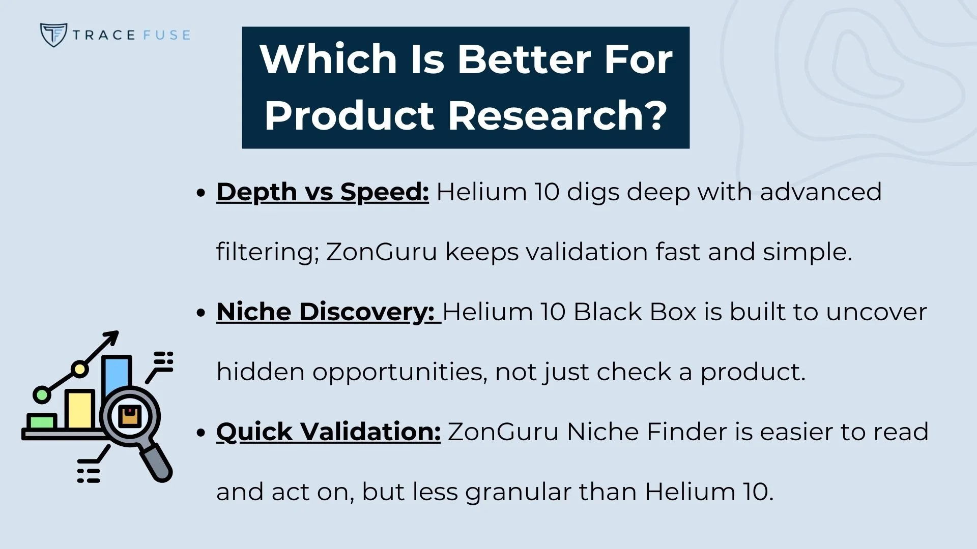 A comparison chart on product research tools. It weighs helium 10s depth and niche discovery against zongurus speed and quick validation, highlighting each tool’s strengths with icons and bolded headings.
