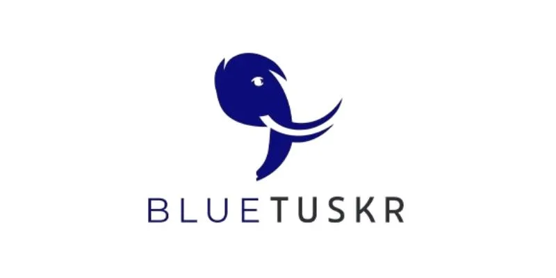 Blue elephant head logo above the words BLUE TUSKR, with BLUE in blue letters and TUSKR in black letters, on a white background.