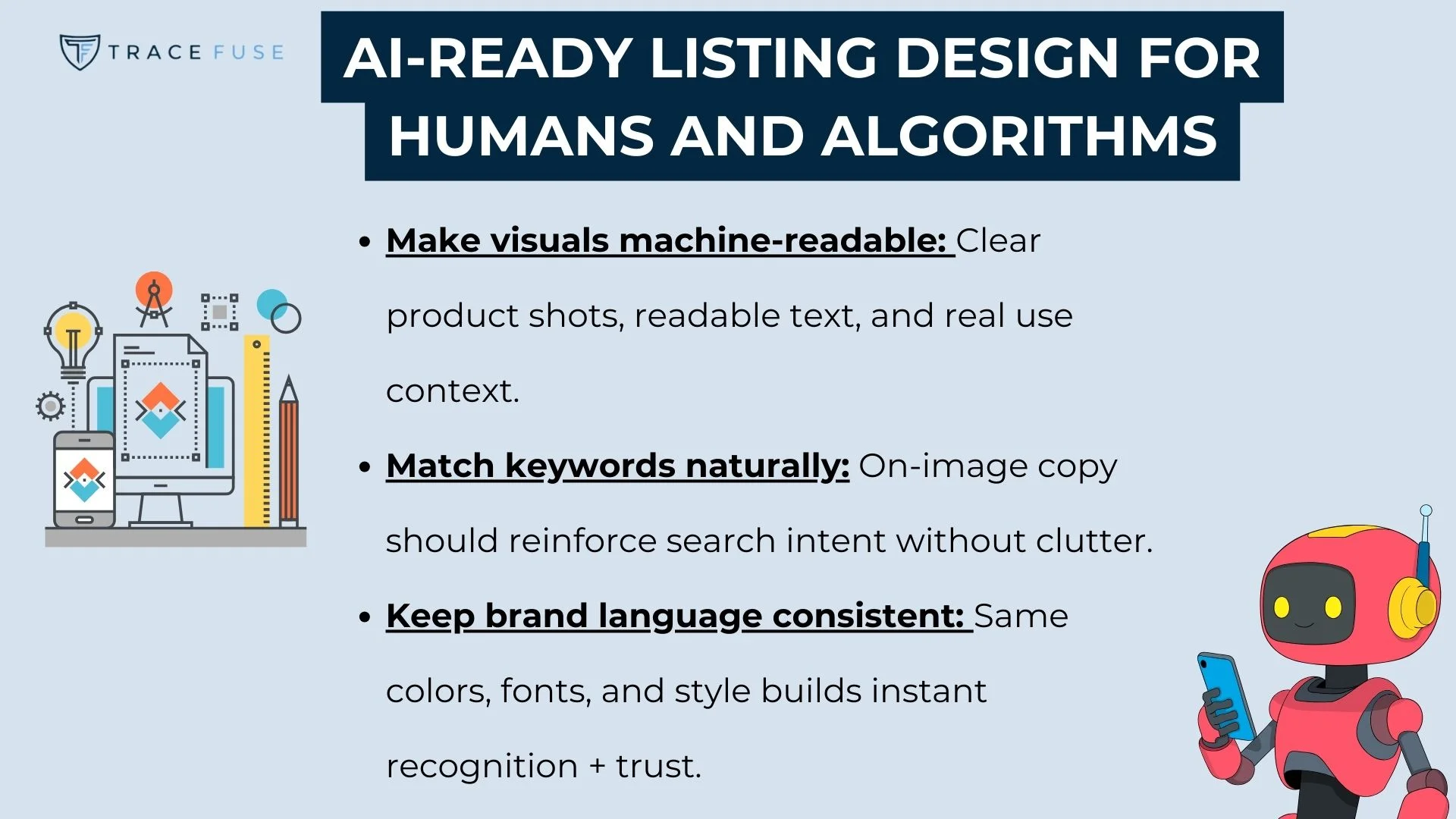 A slide titled ai-ready listing design for humans and algorithms lists three tips: make visuals machine-readable, match keywords naturally, and keep brand language consistent. Illustrated icons appear on the left and bottom right.