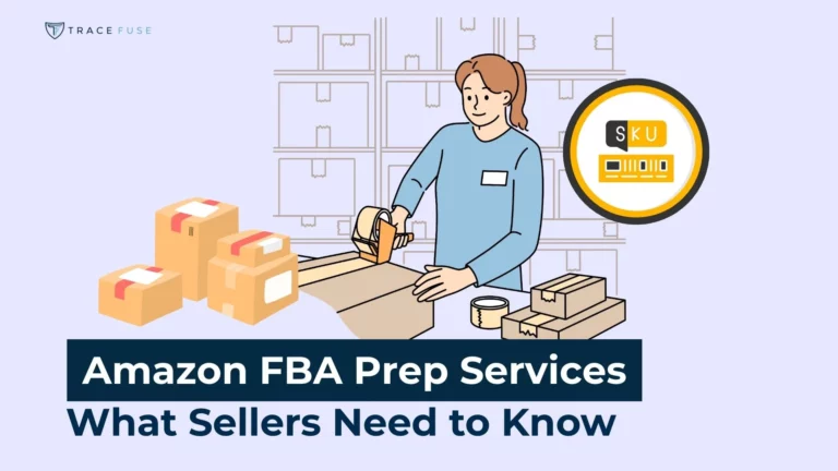 Illustration of a person packing boxes in a warehouse. There are packages, tape, and a barcode symbol. Text reads: amazon fba prep services: what sellers need to know.