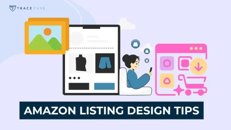 Illustration of a person using a tablet, surrounded by images of online shopping interfaces and icons, with the text amazon listing design tips at the bottom.
