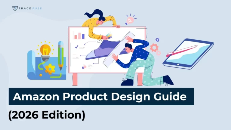 Two illustrated people work together on a large design board surrounded by charts, gears, and a tablet. Text reads “amazon product design guide (2026 edition). ”.