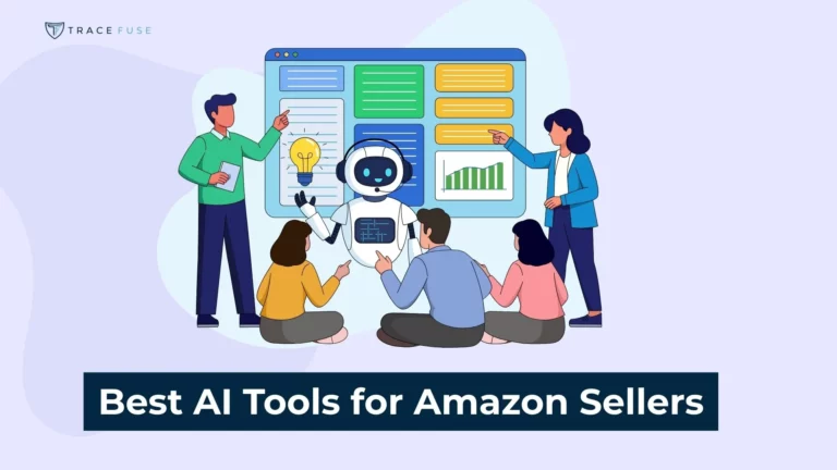 Illustration of five people interacting with a large screen displaying charts and data, with a robot in the center. Text at the bottom reads, “best ai tools for amazon sellers. ”.