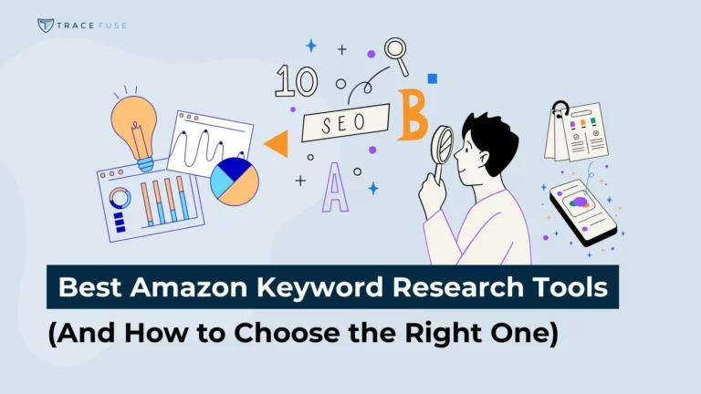 Illustration of a person holding a magnifying glass, surrounded by seo-related icons, graphs, and charts. Text reads: best amazon keyword research tools (and how to choose the right one).