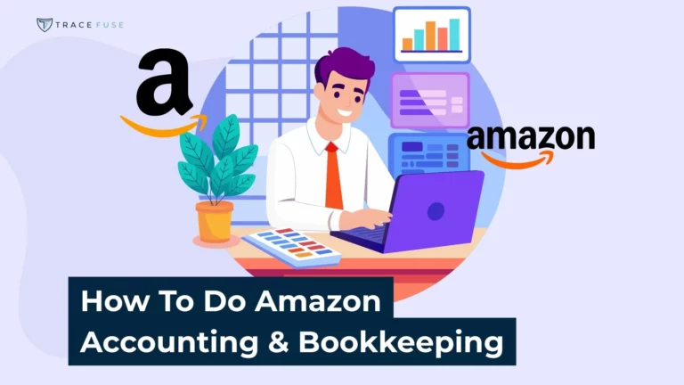 Illustration of a man in business attire working on a laptop at a desk with accounting tools, surrounded by amazon logos and charts. Text reads: how to do amazon accounting & bookkeeping.