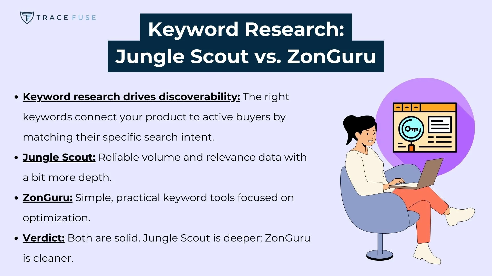 A woman sitting in a chair at a desk with a laptop. Beside her is a list comparing jungle scout and zonguru for keyword research, highlighting discoverability, reliability, simplicity, and overall verdict.