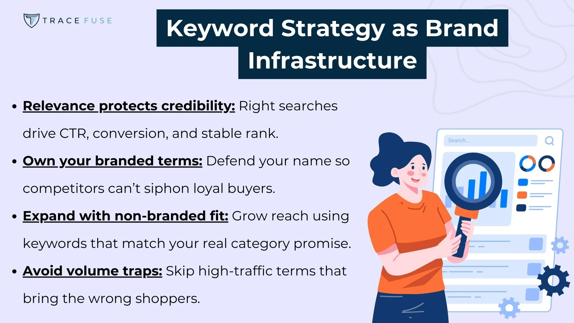 A woman stands beside a large tablet displaying analytics. The screen lists keyword strategy tips, including using relevant keywords, protecting branded terms, expanding non-branded fit, and avoiding traffic traps.