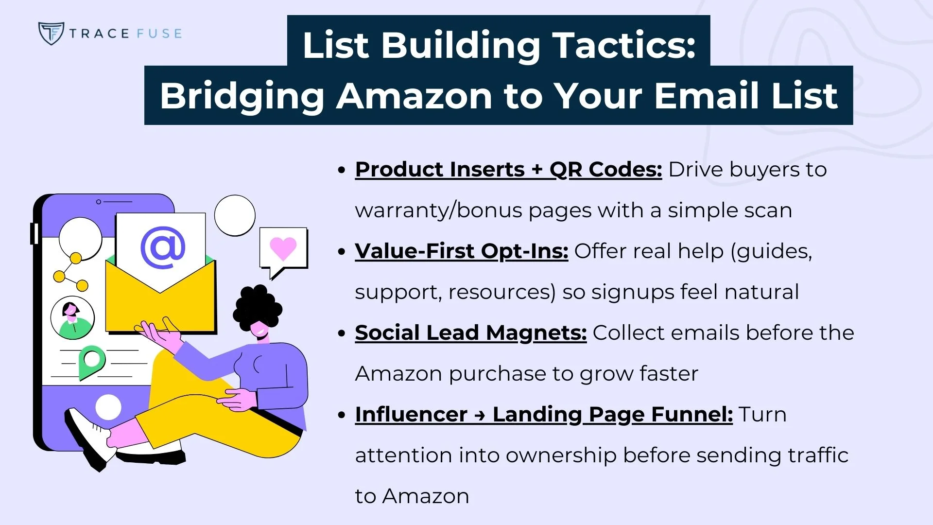 A slide titled list building tactics: bridging amazon to your email list lists five strategies, including product inserts, value-first opt-ins, social lead magnets, and influencer-to-landing page funnels. An illustration shows a woman with a laptop.