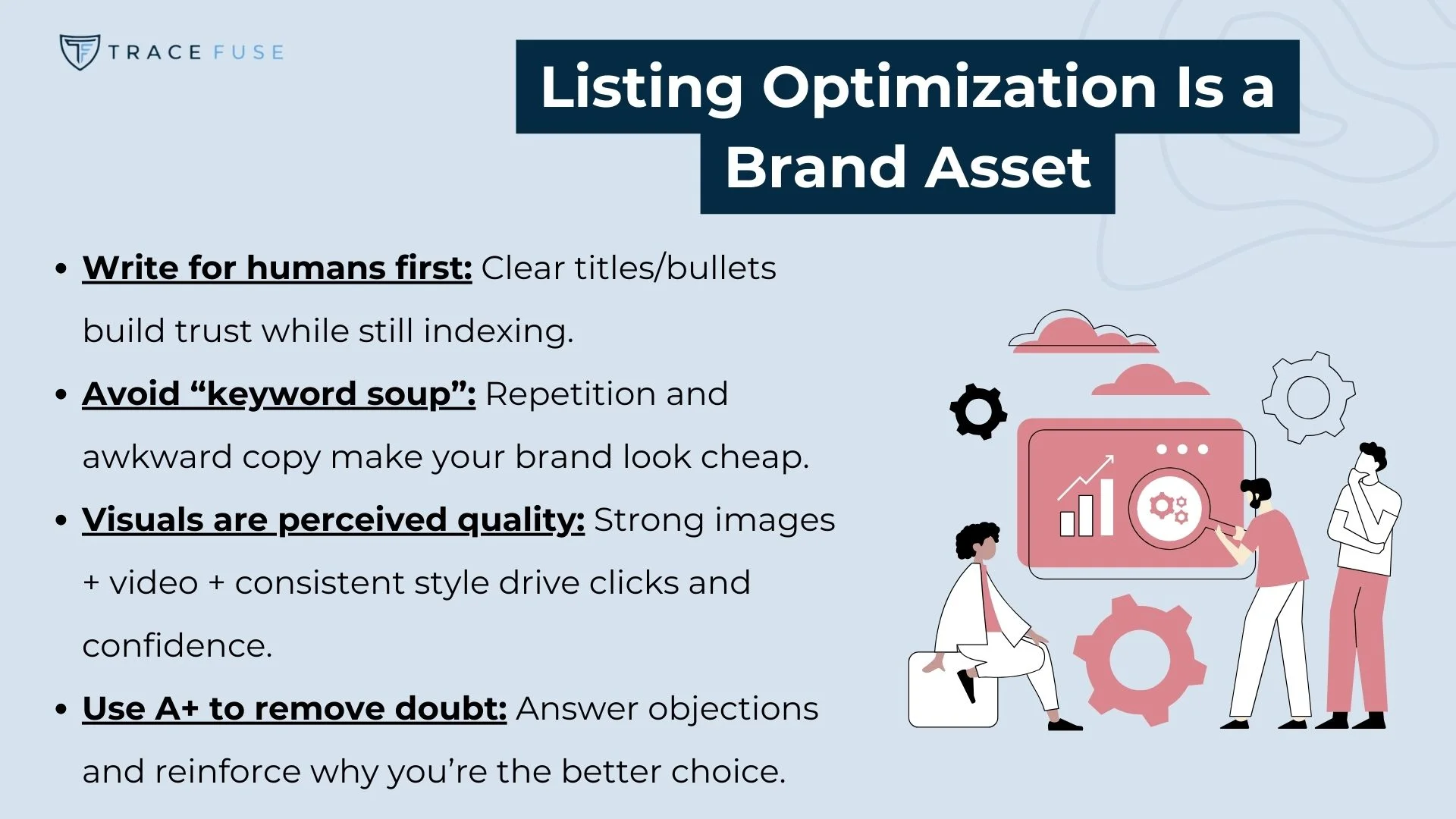 A business-themed graphic titled “listing optimization is a brand asset” lists tips: write for humans, avoid keyword soup, use strong visuals, answer objections, and highlight perceived quality. Illustrations of charts and gears are included.
