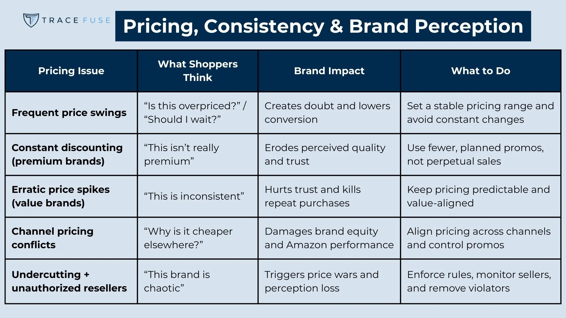 A chart titled pricing, consistency & brand perception lists five pricing issues, shoppers perceptions, brand impacts, and actions to take, aiming to guide businesses on managing pricing and brand trust.