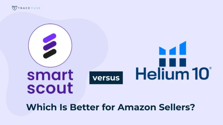 Logos for smartscout and helium 10 are side by side with the word “versus” between them. Below, text asks, “which is better for amazon sellers? ” on a light purple background.