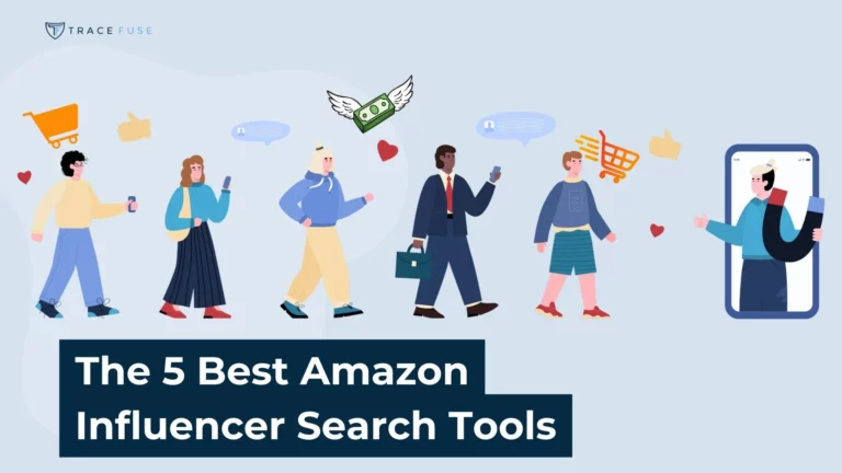 Illustration of diverse people walking with phones, accompanied by icons like hearts, shopping carts, and dollar bills. Text at bottom reads: “the 5 best amazon influencer search tools. ”.