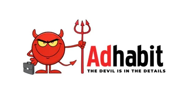 A smiling red devil cartoon holds a trident and briefcase next to the word Adhabit with Ad in red. Below, text reads: THE DEVIL IS IN THE DETAILS.