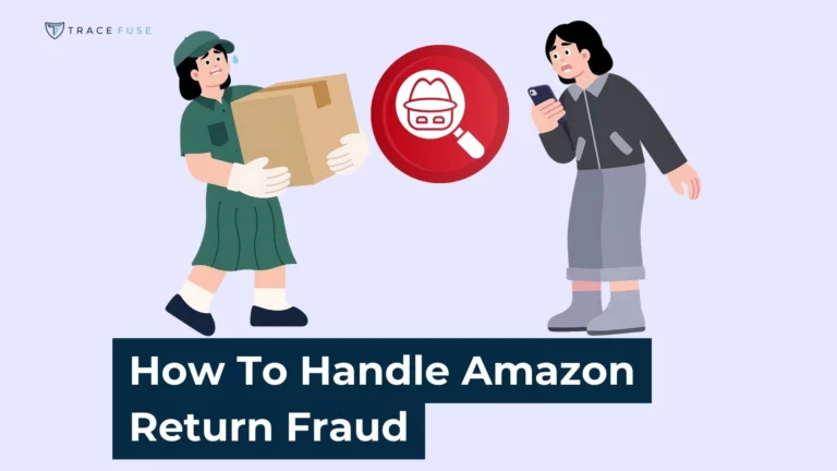 Two illustrated women, one holding a large box and the other holding a phone, stand near a red icon with a detective hat and magnifying glass. Text reads, how to handle amazon return fraud.