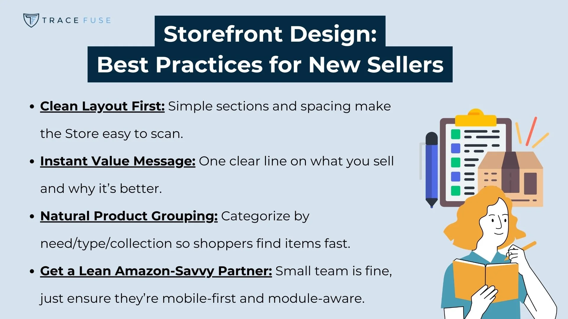 A graphic titled storefront design: best practices for new sellers lists five tips, each with an icon, including clean layout, simple message, product grouping, easy collection, and partnering with amazon-savvy experts.