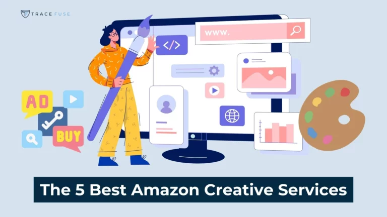 Illustration of a person holding a giant paintbrush in front of a computer screen displaying various digital design elements, with surrounding icons representing ads, graphs, and media. Text reads: the 5 best amazon creative services.