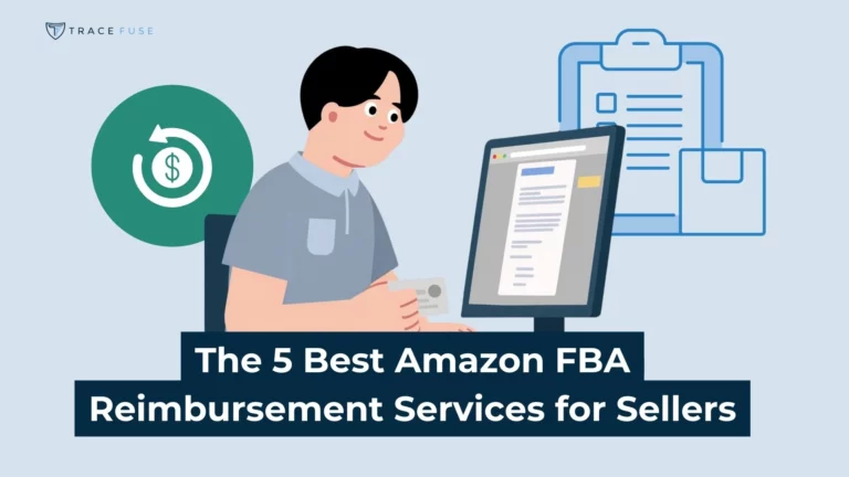 Illustration of a person sitting at a desk, holding a credit card and looking at a computer screen. A clipboard and a dollar sign icon are in the background. Text reads: the 5 best amazon fba reimbursement services for sellers.