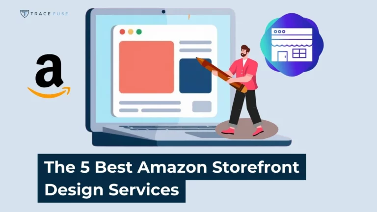 A graphic of a laptop displaying a website, with a large amazon logo and an illustrated man holding a pencil. Text reads: the 5 best amazon storefront design services.