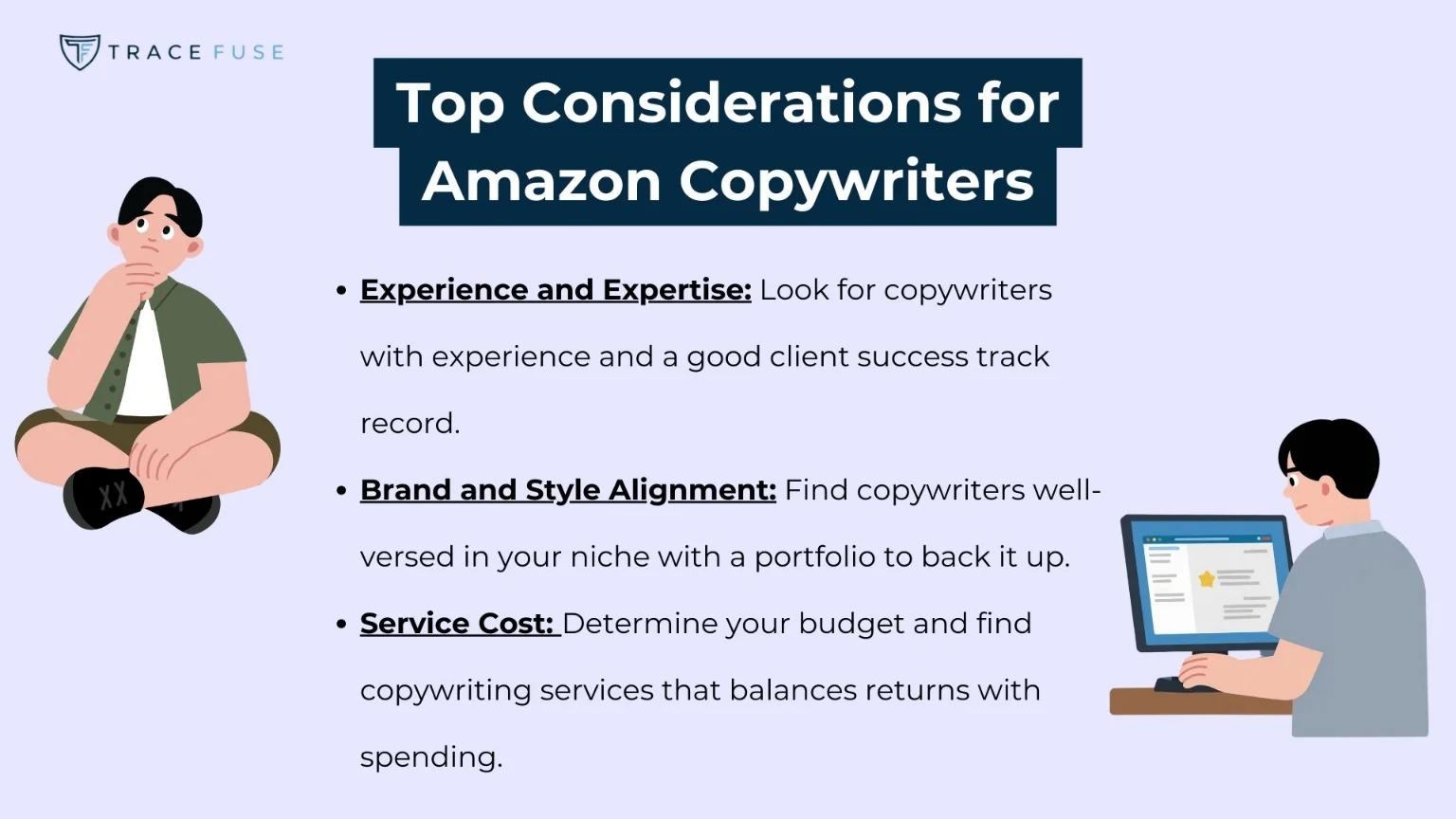 A graphic titled top considerations for amazon copywriters lists experience, brand alignment, and service cost as key factors. Illustrations show a person with a tie and another at a desk with a laptop.