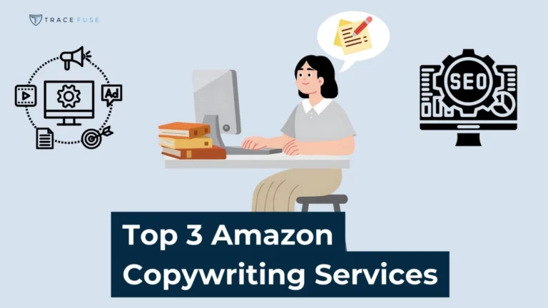 Illustration of a woman working at a desk with a computer and books, surrounded by icons for content writing and seo. Text reads: top 3 amazon copywriting services.