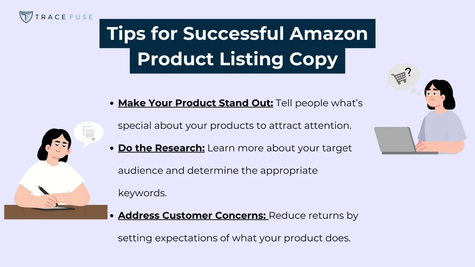 A graphic titled tips for successful amazon product listing copy lists three tips with icons: make your product stand out, do the research, and address customer concerns. Two illustrated women are working at desks.
