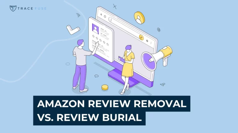 Two illustrated people stand by a large computer screen displaying a user profile, with icons of a megaphone, envelope, and notification. Text reads: amazon review removal vs. Review burial.