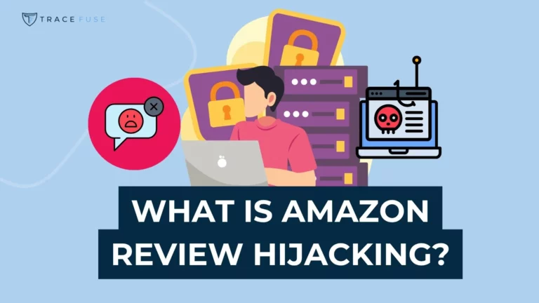 Illustration of a person using a laptop, surrounded by icons of locks, servers, and warning signs. Text reads what is amazon review hijacking? Indicating a security or online scam topic.