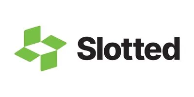The image shows a green, four-part geometric logo next to the word Slotted in bold black letters on a white background.