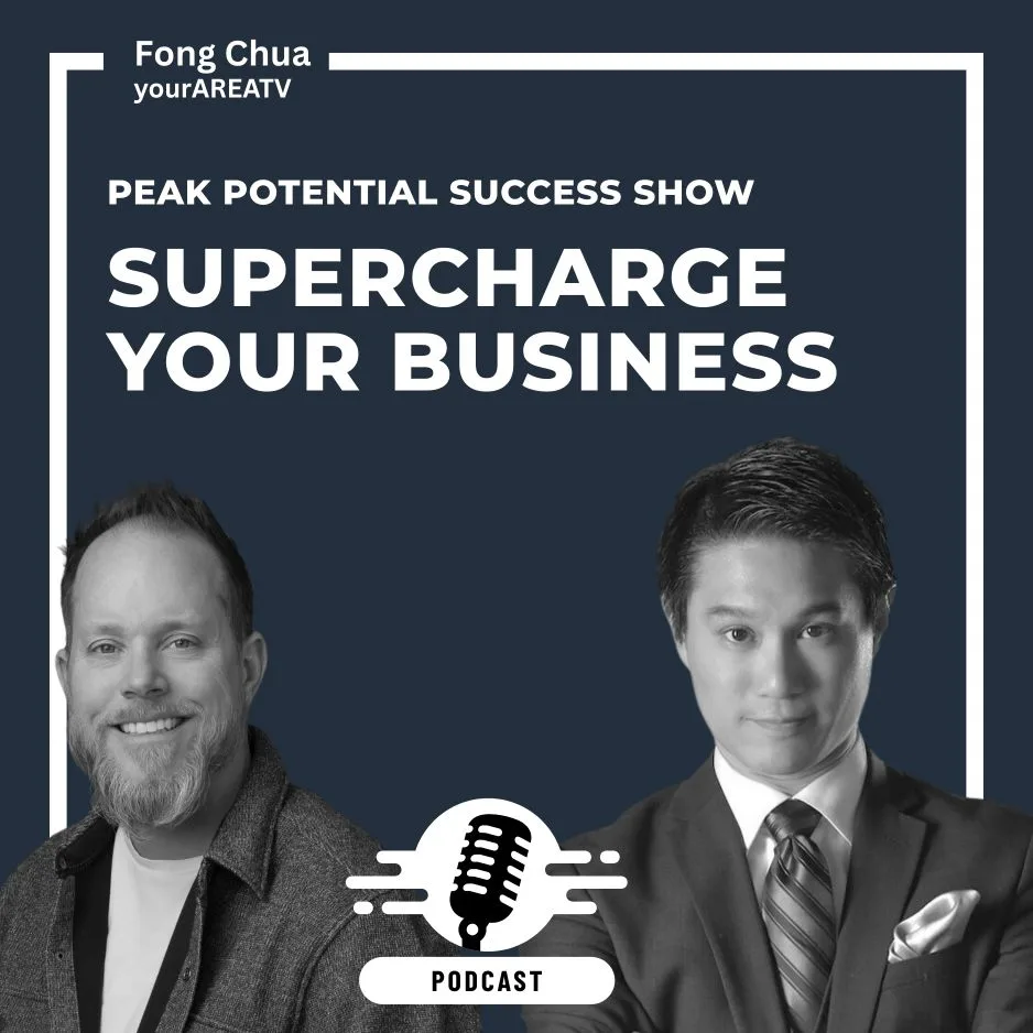 Two men, one in a suit and tie and one in casual attire, are pictured under the text “Peak Potential Success Show: Supercharge Your Business.” A podcast icon and the word “PODCAST” appear at the bottom.