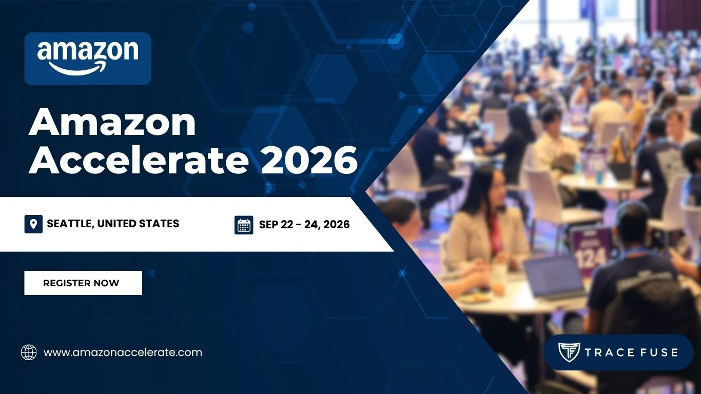 Amazon accelerate 2026 event banner with location in seattle, dates september 22-24, 2026, and blurred background of people networking at tables. Includes register now button and sponsor logo.