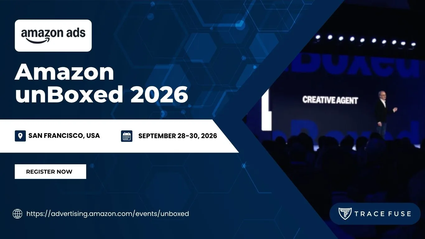 Promotional graphic for Amazon unBoxed 2026, showing event details: September 28-30, 2026, in San Francisco, USA. A speaker stands on stage with Creative Agent text on a screen in the background.