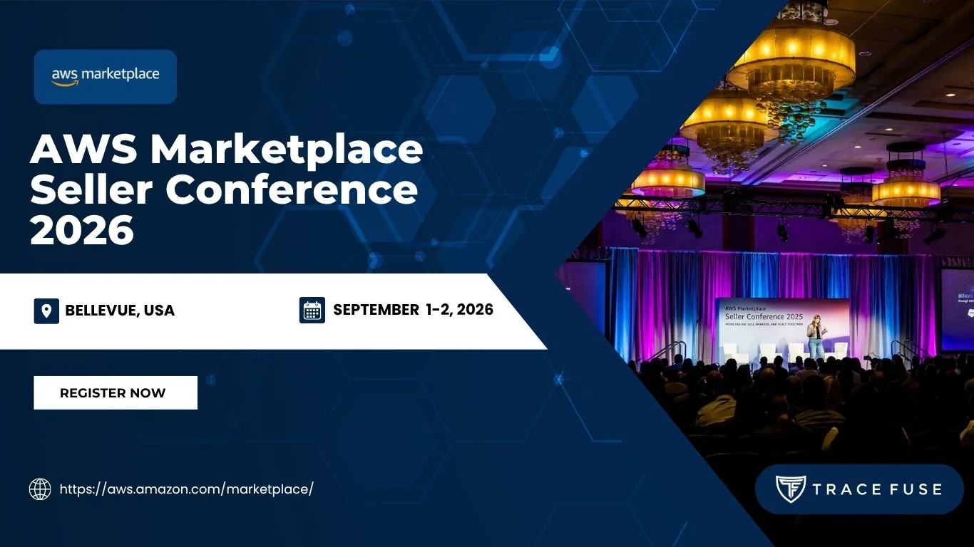 Slide announcing the aws marketplace seller conference 2026 in bellevue, usa, on september 1-2. It features event details, a register now button, and a photo of a conference stage with an audience.