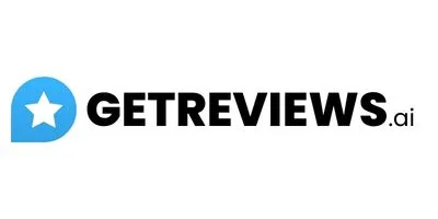 Logo for GetReviews.ai, featuring a blue speech bubble with a white star inside on the left, and the text GETREVIEWS.ai in bold black letters to the right.
