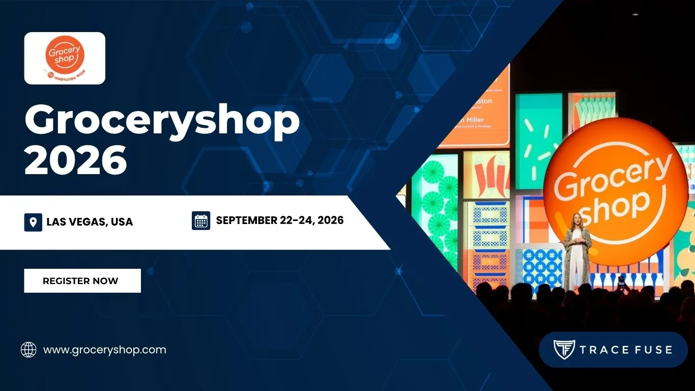 A digital banner for Groceryshop 2026 shows event details: Las Vegas, USA, September 22-24, 2026. A speaker stands on stage with a large Groceryshop sign in the background. The banner includes a Register Now button.