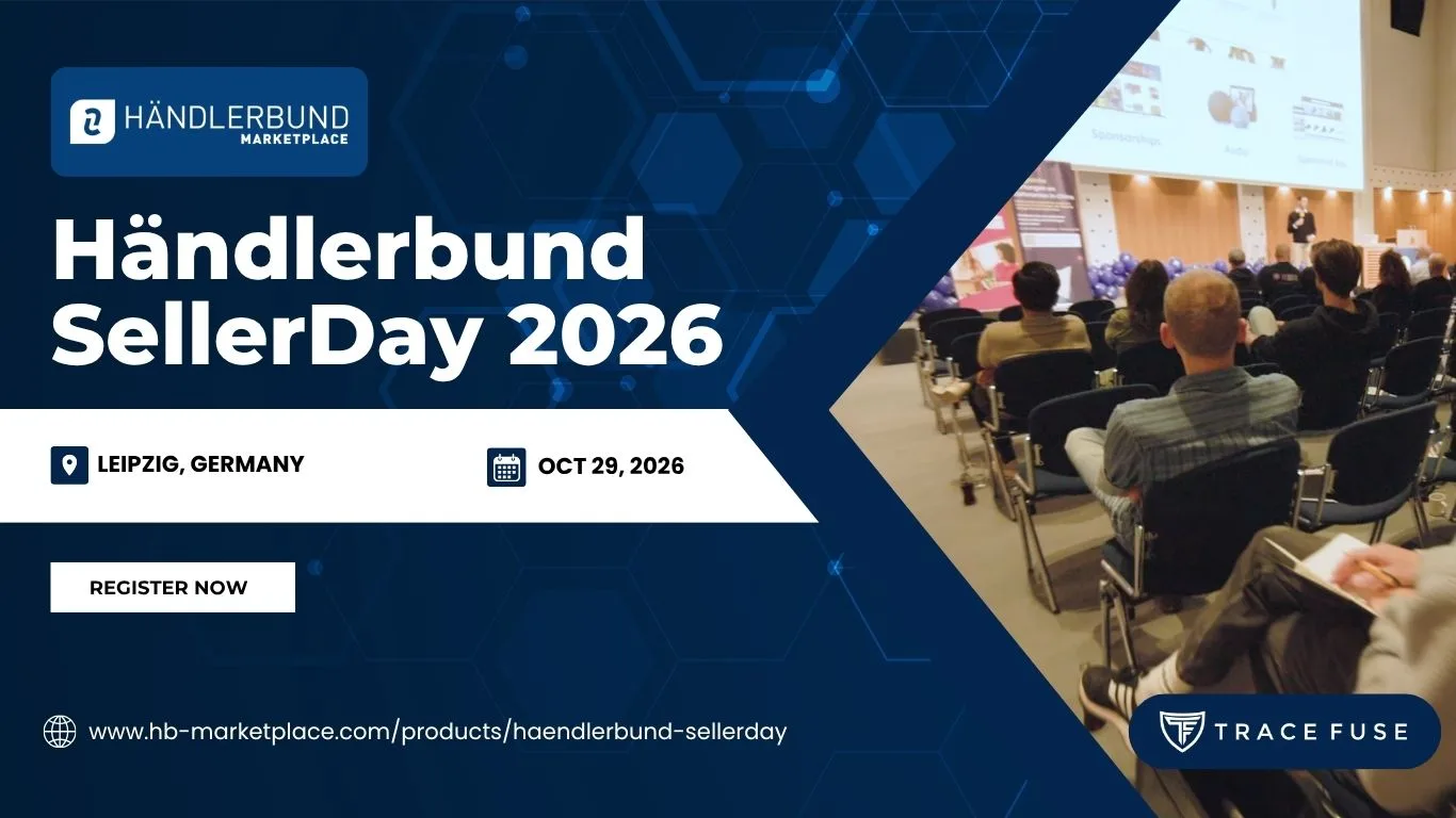Event promotion graphic for händlerbund sellerday 2026 in leipzig, germany on oct 29, 2026, showing people seated in an auditorium with event details, logos, and a “register now” button on a blue geometric background.