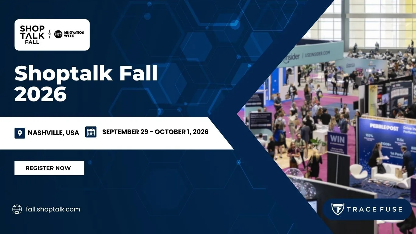 A digital flyer for shoptalk fall 2026 shows event details, including location in nashville, usa, dates september 29 - october 1, and a “register now” button, alongside a photo of a busy convention hall with exhibitor booths.