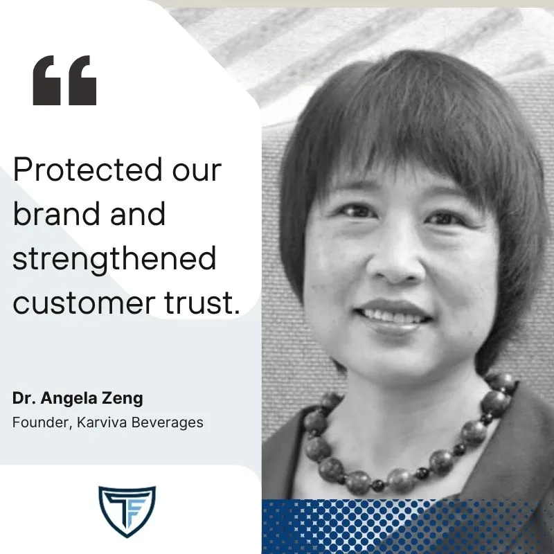 Dr. Angela Zeng, founder of Karviva Beverages, smiles in a black-and-white photo next to a quote about protecting brand and customer trust. Her name and company are listed below the quote.